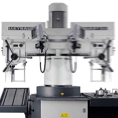 Schnellradialbohrmaschine in Bewegung.